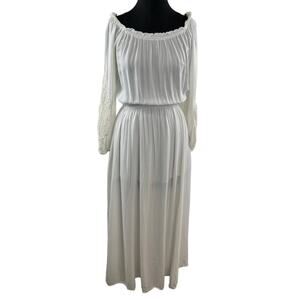 Forever 21 White Long Sleeve Lace Inset Boat Neck Blouson Maxi Dress Boho M